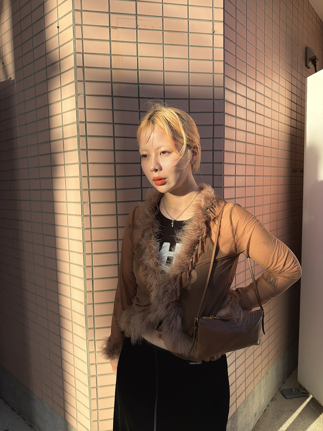 sheer feather cardigan -brown-